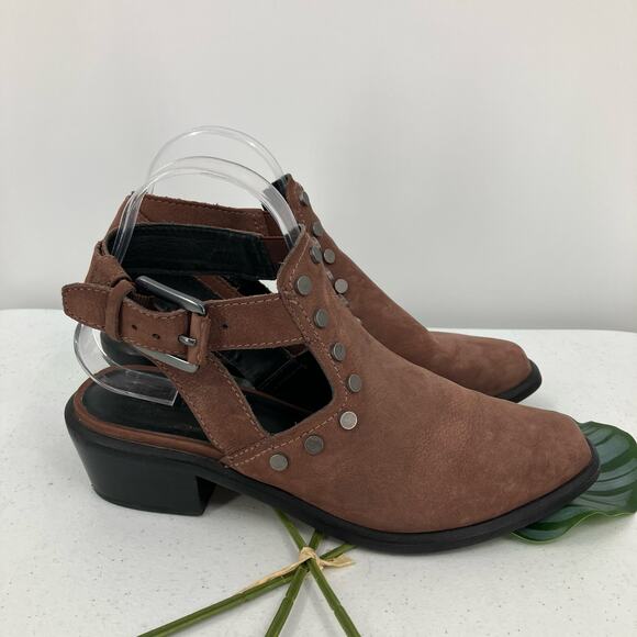 M4d3 Brown Silver Black Studded Leather Buckle Block Heel Alexa Bootie Boot Shoe - Picture 4 of 13